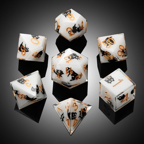 DNDND Kawaii Sharp Edge DND Dice Set - 7-Piece Cute Cat Sticker Polyhedral Dice for D&D 5E, Critical Roll & Anime RPG Fans - Collector's Gift with Dragon Case - color: Cat