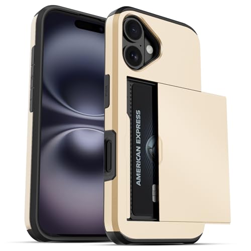 Jiunai for iPhone 16 Case Wallet Holds 2 Cards Slide Card Pocket Gold | Pocket for IDs Credit Access Cards License, Shockproof Protective Phone Cover for iPhone 16 6.1" Women Men Teen School Work - color: Gold, size: for iPhone 16 6.1''