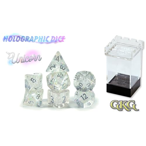 and Dice: Holographic Dice: Unicorn - 7pc Set, Transparent, Holographic Glitter Swirl, 7 Resin Dice for Role Playing Games - style: Unicorn