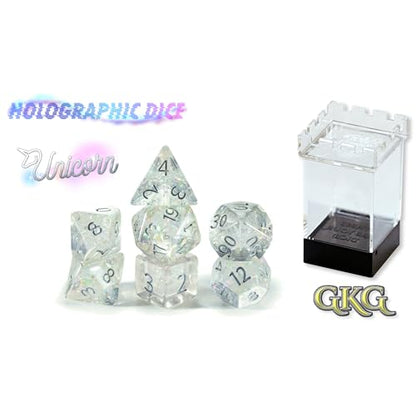 and Dice: Holographic Dice: Unicorn - 7pc Set, Transparent, Holographic Glitter Swirl, 7 Resin Dice for Role Playing Games - style: Unicorn