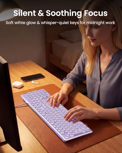 SEUNKWANG Wired Backlit Keyboard with Pudding Keycaps, Quiet Full Size Computer Keyboard White Backlight Easy-to-Read, Never Fade, Metal Panel, USB Cute Desk Setup for Windows PC Desktop, Purple - color: Purple