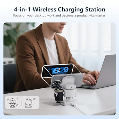 【2026 Upgraded】4 in 1 Wireless Charger, 3 in 1 Wireless Charging Station with Night Light for MagSafe Charger, 15W Magnetic Travel Stand for iPhone17/Air/Pro/Max/16/15/14/13/12, Apple iWatch, Airpods - color: white