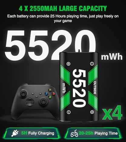 DINOSTRIKE Rechargeable Battery Pack & Charger Station for Xbox Series X|S, Xbox One Controllers - Includes 4 Battery Packs for Xbox with USB-A & USB-C Charging
