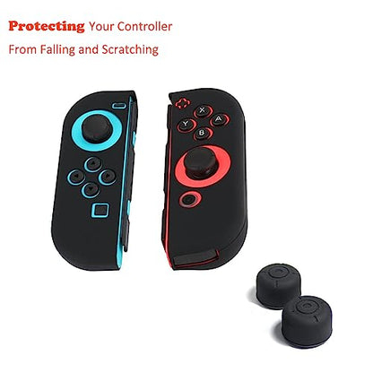 Switch Controller Skin, Anti-Slip Silicone Grips Covers Soft Ultra-Thin Protective Cover Case for Switch Controller (Black) with 2 Cute Thumb Grip Caps
