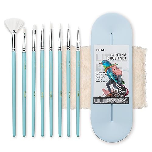 HIMI Paint Brushes Set 8 Pcs for Acrylic Oil Gouache Paint，2 Flat & 2 Round & 2 Liner &1 Filbret &1 Fan, 8pcs Brushs, Interesting Designed Nice Gift for Art hobbyist Beginners Artists (Blue,8 Pcs) - color: 8pcs-blue