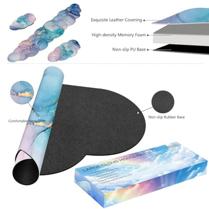 JIKIOU Ergonomic Keyboard Wrist Rest &Large Mouse Pad&Mouse Wrist & Cup Pad | Cute Cloud Shape, 4 in 1 Memory Foam Desk Mat, Ultra-smooth Surface, Savior of Wrist Pain, Anti-slip Rubber Base, Waterproof - color: 06Marble Blue