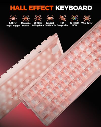 DAREU COOL60 60% Hall Effect Gaming Keyboard with Magnetic Switch, SOCD, 0.01mm Actuation Adjustable Rapid Trigger,8000 Hz Polling, Frosted Transparent Keycaps, Hot-swap, RGB Backlit - color: Pink