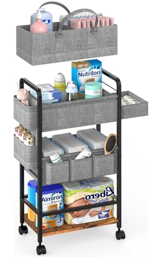 LIDTOP 2In1 Baby Diaper Caddy & 4-Tier Rolling Diaper Cart, Diaper Caddy Organizer Cart with Dividers & Drawer, Mobile Metal Bedside Cart for Nursery Essentials Storage, Large Capacity - color: Black(with Drawer)