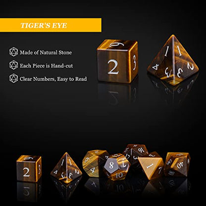 UDIXI Stone DND Dice Set Tiger's Eye Gemstone D&D Dice for Tabletop Games | Natural Stone, Premium Gift Box, DM Gift, for Dungeons and Dragons Role Playing Games - color: Tiger's Eye