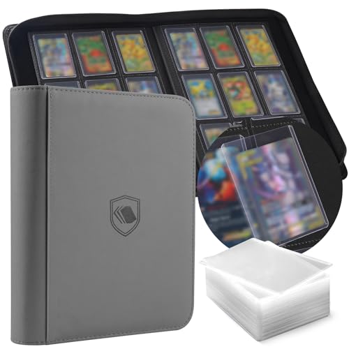 Toploader Binder, Holds 360 Toploader, 100 Toploaders INCLUDED, 9-Pocket PU Cover Top Loader Binder for 3" x 4" Rigid Toploaders, Ringless Double-Sided Toploader Card Binder for TCG, Sport Cards - color: Grey, size: 9 Pocket