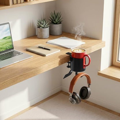MYITYARD 3 in 1 Desk Cup Holder Clamp, Clip On Table Cup Holder with Headphone Hook & Power Strip Holder, Rotatable Water Bottle Drink Coffee Mug Organizer, Gaming Accessories for Home and Office - color: With Power Strip Holder