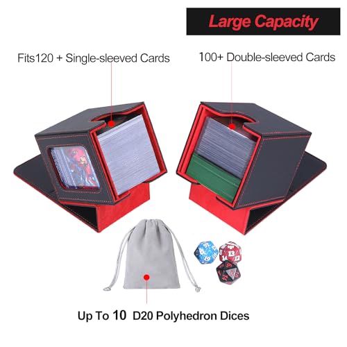 AFIING MTG Deck Box for Commander Display,Card Deck Box Fits 100 Double Sleeved Cards, Magic Commander TCG Card Storage Box with 2 Dividers,Drawstring Bag and 1 Toploader(Black/Red) - color: Commander Black Red