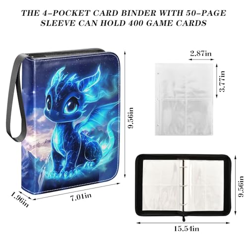 Blue Dragon Galaxy Card Binder, 4 Pocket Trading Card Holder with 50 Removable Sleeves, Zipper Card Binder Fits 400 Cards, Collection Card Storage Case Album Book Gifts - color: Blue Dragon