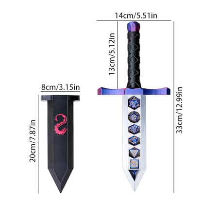 3D BEST-Q Dice Sword Holder (Dragon-Patterned 7PCS D20 Dice Set Included), Custom Polyhedral Dice Storage for Tabletop RPG - Dungeons and Dragons - DND - D&D (Purple&Blue) - color: Purple&blue