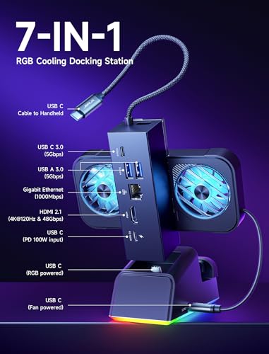 JSAUX Docking Station for ROG Ally X/ROG Ally/Steam Deck/Legion Go, 7-in-1 ROG Ally X Dock with RGB Cooling Fan, HDMI 4K@120Hz, Gigabit Ethernet, Dual USB & USB C 3.0, 100W PD Charging - HB0705 - color: Black-RGB Fan Cooling