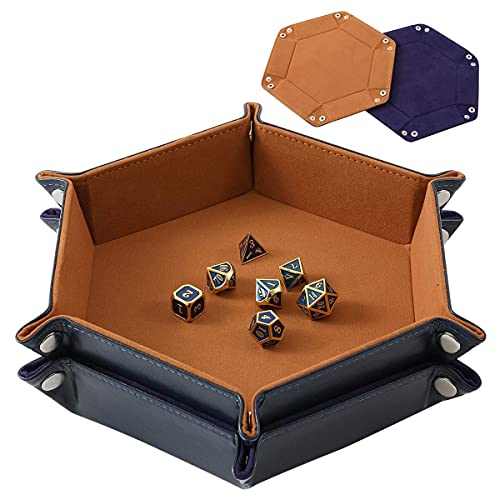 Grajar 2 Pcs Portable Folding Dice Rolling Tray Set for RPG DND Table Games - PU Leather and Velvet Holder Storage Box - Navy Blue and Camel - color: Navy Blue and Camel