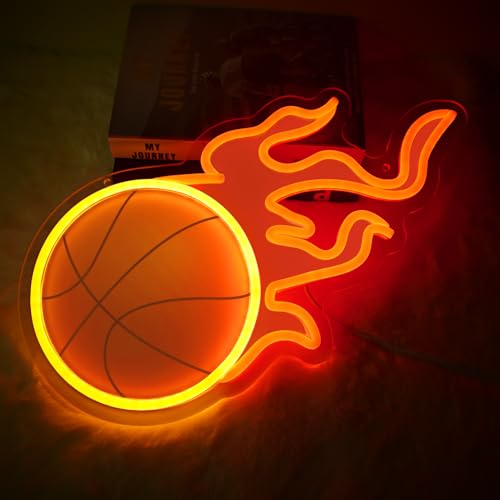 Basketball Fire Neon Sign for Wall Decor Basketball Led Neon Light for Bedroom, Dimmable Sports Neon Signs for Man Cave Kids Gift Sports Fans Birthday Party Room Decoration - color: Red and Yellow,HuoQiu