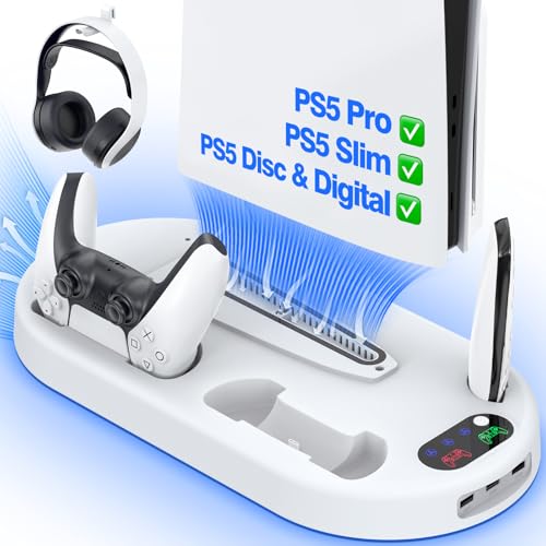 AMZDM Cooling Station PS5 Slim Stand PS5 Pro Cooling Fan with Charging Station PlayStation 5 Console Cooler with Docking Station Controller Charger PlayStation 5 Pro & Slim Disc & Digital White - color: Off-White