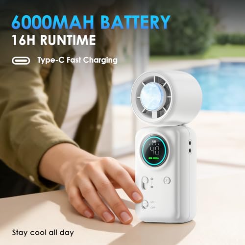 FurBall 4-IN-1 Portable Handheld Fan with Ice Cooling, High-speed Turbo Power 100 Gear Adjustable, LED Display, 6000mAh Rechargeable Battery, Foldable & Quiet Personal Fan for Travel, Office, Outdoor - color: Snow White