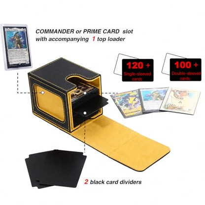 MTG Deck Box with Commander Display Window (Black&Yellow, 1 window) | Holds 120 Single/100 Double-Sleeved Cards, Fit MTG/PTCG/OPTCG Cards, Strong Magnet, PU Leather, With 2 Dividers & 1 Toploader - color: Black and Yellow
