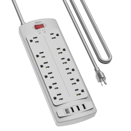 Power Strip, ALESTOR Surge Protector with 12 Outlets and 4 USB Ports, 10 Feet Extension Cord, 2700 Joules, ETL Listed, Grey - color: Grey, size: 10 Ft