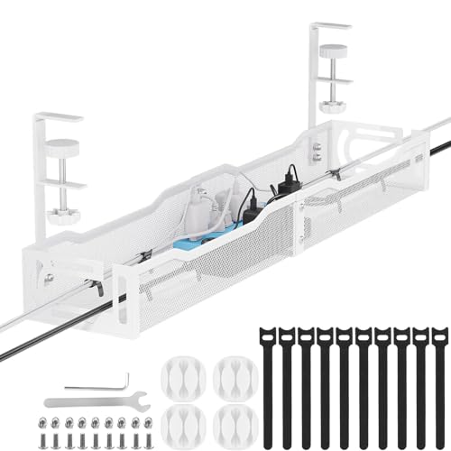 Cable Management, 25'' Cable Management Under Desk, Cable Tray | No Drill Under Desk Cable Management Tray, Cord Organizer with Clamp for Standing Desk, Desk Organizer for Home Office - color: White, size: 25'' (1 Pack)