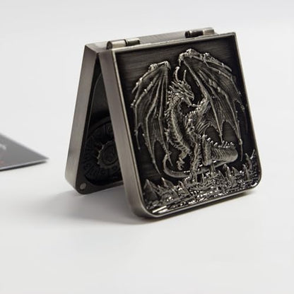 Metal DND Dice Set 7-in-1 D4-D20 3D Dragon Case Leather Bag Silver | 7 in 1 metal polyhedral dice. D4-D20 dnd spinner. 3D dragon case. Leather storage bag. Zinc alloy. DND RPG TTRPG gift. - color: Silver