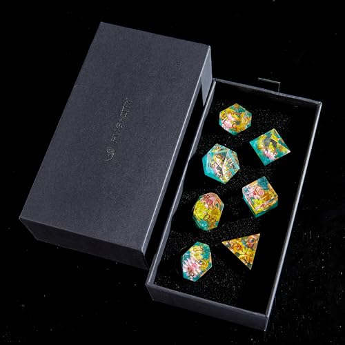 FugaCity Dice Set,Handmade Sharp Edge 7 Piece Resin Dice-Dungeon&Dragons Polyhedral Dice Set, D&D Dice Set with Gift Dice Case for RPG MTG Table Games - color: B-yellow Flower