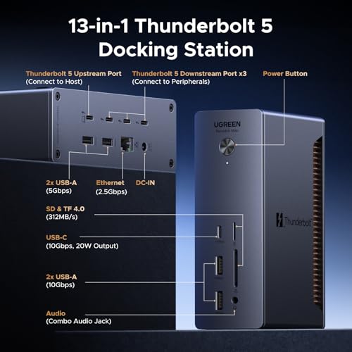 UGREEN 13-in-1 Thunderbolt 5 Docking Station, 120Gbps Max Transfer, Single 8K@60Hz, Dual 6K@60Hz Display, 140W Power Charging Revodok Max 2131 with 2.5GbE, SD/TF 4.0 (Includes US/EU/UK Power Adapter)