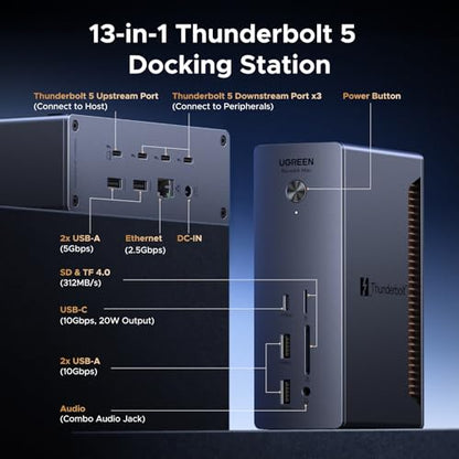 UGREEN 13-in-1 Thunderbolt 5 Docking Station, 120Gbps Max Transfer, Single 8K@60Hz, Dual 6K@60Hz Display, 140W Power Charging Revodok Max 2131 with 2.5GbE, SD/TF 4.0 (Includes US/EU/UK Power Adapter)