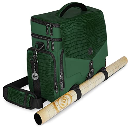 ENHANCE Collector's Edition RPG Adventurer's DnD Bag - Dragon Hide Exterior Travel RPG Bag with Tabletop Miniatures Storage Vault, Mat Holder, DnD Dice & Token Pockets, Fits 4-8 Books (Dragon Green) - color: Green Dragon