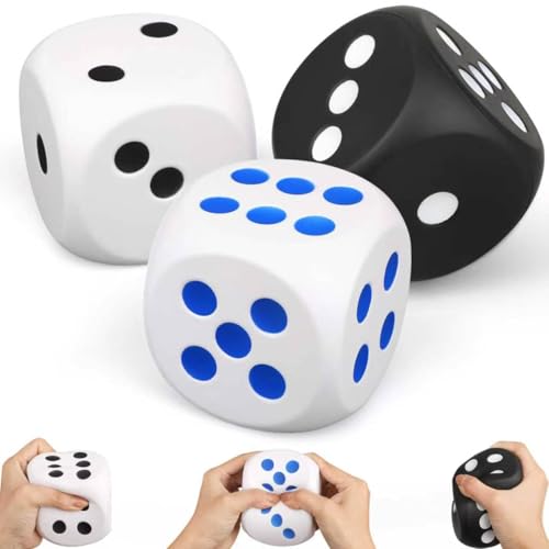 Large 3 inch Foam Fidget Dice for Kids Adults, Jumbo Squeeze Dice for Stress Relief, Giant Squishies Square Cube with Dots 6 Sided for Family Board Game Classroom Math Learning Party Favors (3 PCS) - color: Black