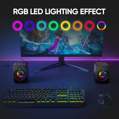 MELOGAGA RGB Computer Speakers, USB Powered 3.5mm Stereo for PC Laptop | Clear Stereo Sound, 7-Color RGB Lighting, USB Plug & Play, Compact Design with Inline Volume Control for Everyday Use