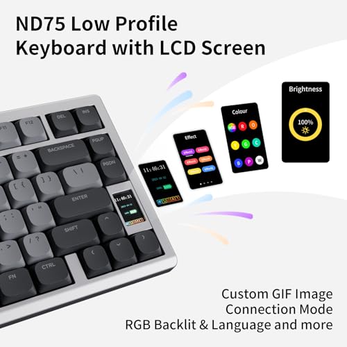 OOCTPK Mechanical Keyboard, Chilkey ND75 LP Wireless Gaming Keyboard with LCD Screen, Bluetooth 5.3/2.4G/USB-C, Hot Swappable Per-Key RGB Custom, Thin Front, Wrist Rest, Full-Aluminum, PC/Mac Support - color: Silver