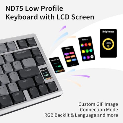 OOCTPK Mechanical Keyboard, Chilkey ND75 LP Wireless Gaming Keyboard with LCD Screen, Bluetooth 5.3/2.4G/USB-C, Hot Swappable Per-Key RGB Custom, Thin Front, Wrist Rest, Full-Aluminum, PC/Mac Support - color: Silver