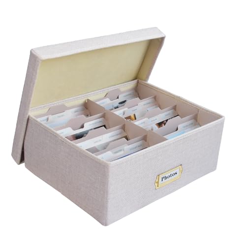 Linen Photo Storage Box – Holds 1700 Photos, Photo Organizer with Lid for Photo, Pictures, 24 Adjustable Dividers & 72 Labels Multi-Use Organizer Memory Box for Envelopes, Baby, Wedding, Cards Beige - color: Beige