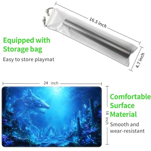 MTG Playmat with Storage Bag, 24 x 14 Inch Stitched Non Slip Rubber Trading Card Game Mat, 2mm Thick Tabletop Mat for Card Games, Blue Ocean Ruins