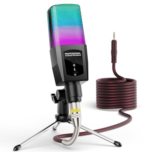 Multifunction Condenser Microphone, RGB Light Gaming Mic, 3.5mm XLR, Plug and Play for PC/Laptop/Audio Interface Mixer/Sound Card, Cardioid Studio Condenser Recording Mic for Podcast Streaming Singing