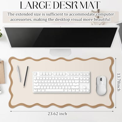 Hahafelt Scalloped Desk Mat Large Desk Pad Cute Coquette Table Mat Back to School Preppy Table Make up Pad Nonslip Graduation Gift with Stitching Waterproof Gaming(Beige,23.6 x 13.8 Inches) - color: Beige, size: 23.6L x 13.8W inches