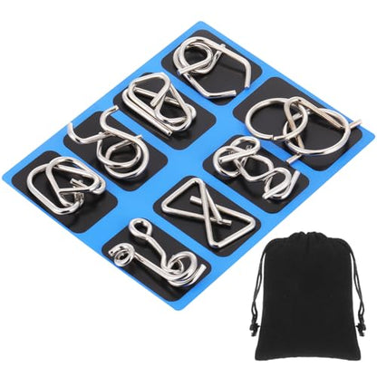 Metal Wire Puzzle Set of 8 with Pouch, Brain Teaser Puzzles IQ Test Ring Disentanglement Unlock Interlock Game Trick Metal for Party Favor Challenge(C Style) - style: C Style