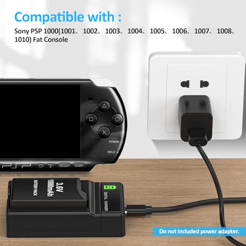 PSP Battery and Charger, 2Pcs 1800mAh 3.6v Lithium Polymer Replacement Rechargeable Batteries with LED Charging Station for PSP 1000 1001, PSP-110, PSP Fat Console - size: for PSP1000