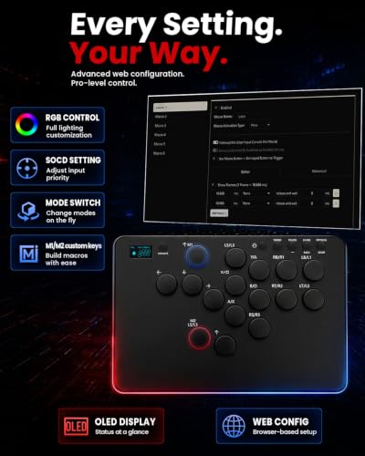 DOYOKY Leverless Controller for PC/PS4/PS3/Switch/Steam Deck | Leverless Arcade Stick, 16-Button Fight Stick with Reinforced USB-C, OLED Display, Hot-Swappable Switches, SOCD, Turbo & RGB
