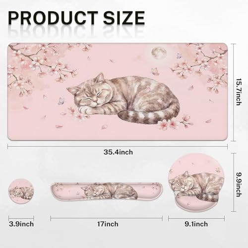Arttown Keyboard Mouse Pad Set, 4 in 1 Desk Mat Set Kawaii Cat | Floral Pink Large Mousepad+Keyboard Wrist Rest+Mouse Wrist Rest+Coaster Ergonomic Design for Home Office Computer - color: Cat Pink Floral