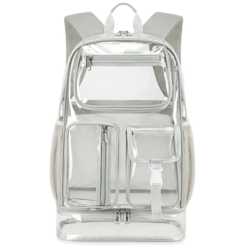 Clear Backpack Heavy Duty for Sport Event,TPU Grey 16in with Shoe Warehouse | See Through Stitch durable plastic Multi-Pocket Design For School Adults work Warehouses Airport security,check events - color: Upgrad Grey-xl