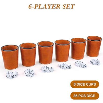 Felt-Lined PU Leather Dice Cup Set, 6 Quiet Dice Shaker Cups with 36 Dices for Bar Party Yahtzee Farkle Games, Brown - color: Brown#dice Cup Set