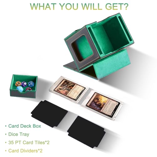 CMFYlive Card Deck Box for Commander Deck Box MTG Deck Box Fits 100 Double Sleeved Cards, Magic Commander TCG Card Storage Box with 2 Dividers,Drawstring Bag and 1 Toploader (Black/Green) - color: Black/Green