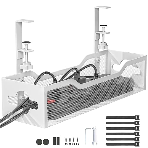 Under Desk Cable Management Tray White, Litwaro Cable Management Under Desk No Drill, Cable Organizer with Clamp for Wire Management, Cord Organizer for Office, Home No Damage to Desk - color: White, size: 15.75"
