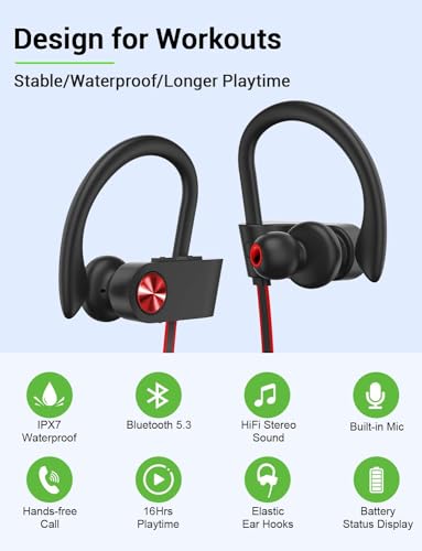 Bluetooth 5.3 Headphones, Wireless Sports In-Ear Earbuds IPX7 Waterproof | 16 Hours Playtime, Sweatproof Stereo Earphones with MIC, Noise Cancelling Headsets for Gym Running Workout, Clear Sound - color: BlackRed