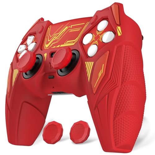 PlayVital Silicone Skin Set for PS5 Controller - Mecha Rhino Design, Anti-Slip Grip Cover Protector Compatible with Charging Dock, with Thumb Grips & Touchpad Sticker - Maple Red & Brick Red - color: Maple Red & Brick Red