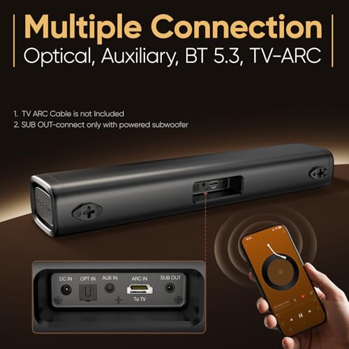 Saiyin 60W Bluetooth Sound Bar for Smart TV, TV-ARC/Optical/AUX | Clear Voice&Dual Bass Drivers, Virtual Surround Sound System, For TV/PC/Gaming/Projectors, 17 inch, Wall Mountable